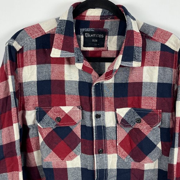 Bluenotes Casual Button Down Shirt Size M Red Blue Check Long Sleeve Pockets Cot - Picture 2 of 8
